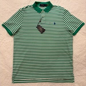 Ralph Lauren Green and White Striped Classic Fit NWT Polo Shirt Large